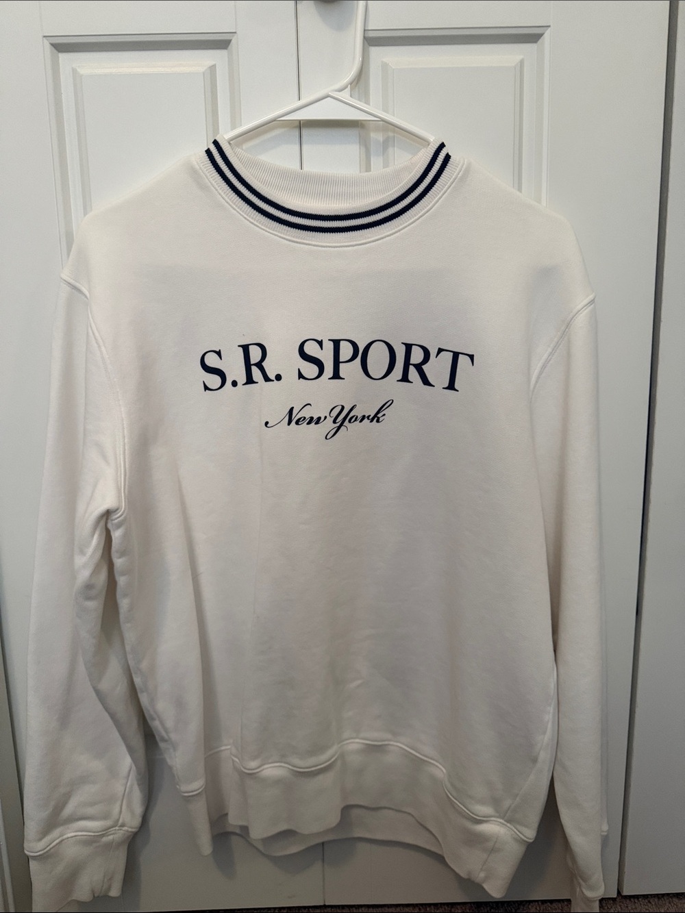 Sporty and Rich S.R. Sport New York white Crewneck Sweater with navy writing